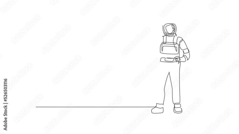 Animated self drawing of single continuous line draw astronaut stands with gesture okay wearing space suit exploring earth, moon, other planets in the universe. Full length one line animation. Animated self drawing of single continuous line draw astronaut stands with gesture okay wearing space suit exploring earth, moon, other planets in the universe. Full length one line animation.