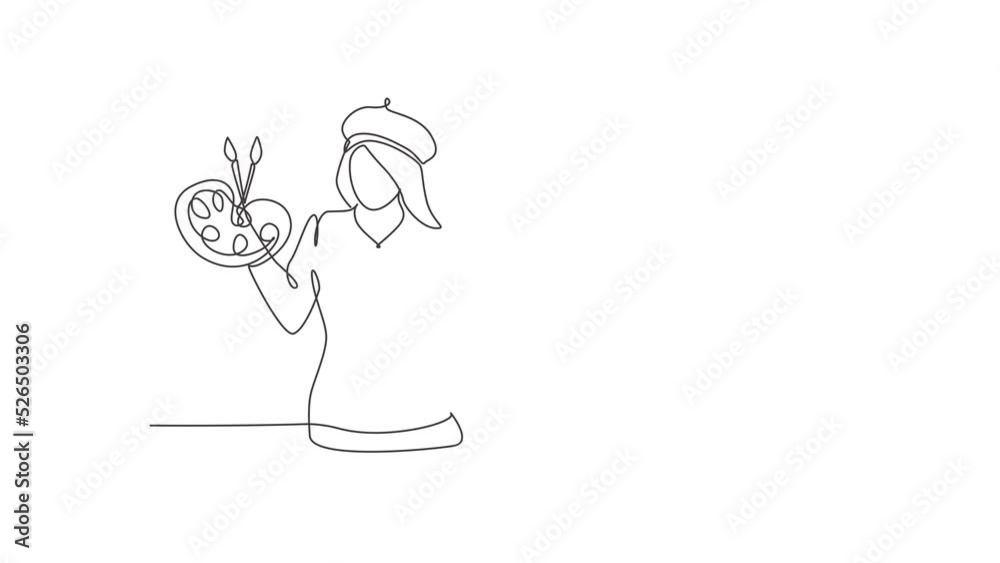 Self drawing animation of single line draw artist painter with gesture okay using painting tools such as brushes, canvas, and watercolors in producing art. Continuous line draw. Full length animated. Self drawing animation of single line draw artist painter with gesture okay using painting tools such as brushes, canvas, and watercolors in producing art. Continuous line draw. Full length animated.