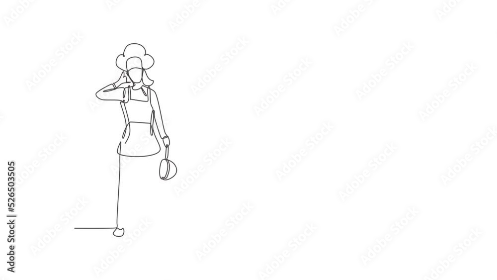 Self drawing animation of single line draw female chef stands with call me gesture, holding pan, wearing cooking uniform prepares ingredients to cook dishes. Continuous line draw. Full length animated Self drawing animation of single line draw female chef stands with call me gesture, holding pan, wearing cooking uniform prepares ingredients to cook dishes. Continuous line draw. Full length animated