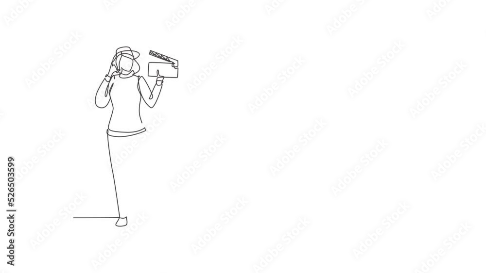 Self drawing animation of single line draw female film director stands, call me gesture holding clapperboard and prepare camera crew for shooting at studio. Continuous line draw. Full length animated. Self drawing animation of single line draw female film director stands, call me gesture holding clapperboard and prepare camera crew for shooting at studio. Continuous line draw. Full length animated.