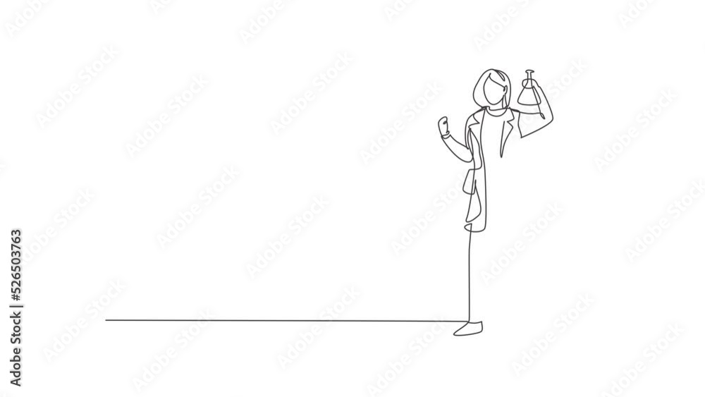 Animated self drawing of continuous line draw female scientist stands with celebrate gesture and holding measuring tube filled with chemical liquid. Success business. Full length single line animation Animated self drawing of continuous line draw female scientist stands with celebrate gesture and holding measuring tube filled with chemical liquid. Success business. Full length single line animation