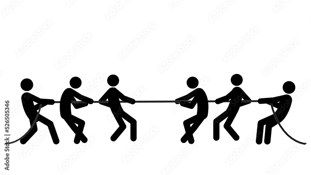 Set of stick figures tug of war, flat vector illustration.