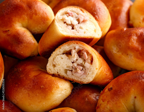 Traditional Latvian baked bacon pies, buns or pastries