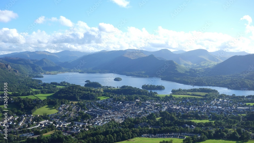 View of Keswick & Derwentwater from the mountains: Lake District, UK