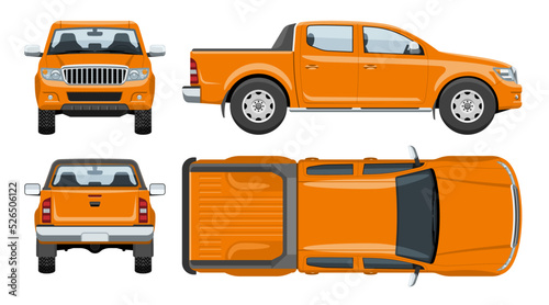Pickup truck vector template simple colors without gradients and effects. View from side, front, back, and top