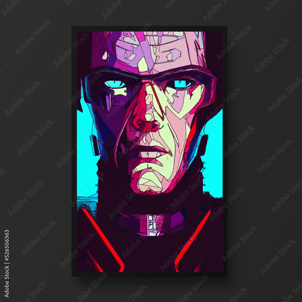Obraz premium Cyberpunk man portrait.The concept of virtual reality. Man fashion concept, minimalistic style. Trendy modern illustration for poster, banner, cover.