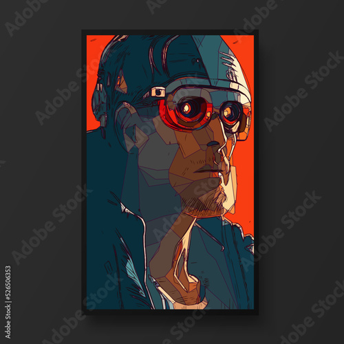Cyberpunk man portrait.The concept of virtual reality. Man fashion concept, minimalistic style. Trendy modern illustration for poster, banner, cover.