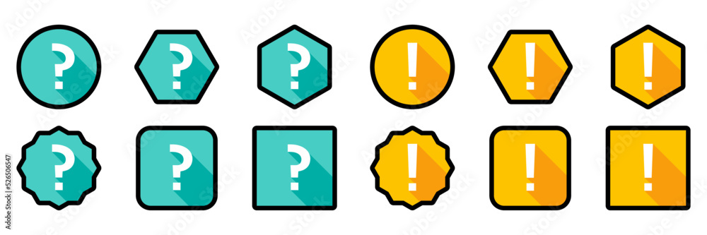 Question mark Icon Set, FAQ sign, Help symbol. Exclamation mark Icon Set, Attention sign, Caution icon, Hazard warning symbol. Light blue and Yellow style. Black stroke design. Question mark Icon Set, FAQ sign, Help symbol. Exclamation mark Icon Set, Attention sign, Caution icon, Hazard warning symbol. Light blue and Yellow style. Black stroke design.