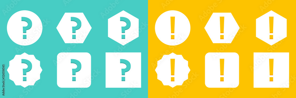 Question mark Icon Set, FAQ sign, Help symbol. Exclamation mark Icon Set, Attention sign, Caution icon, Hazard warning symbol. Light blue and Yellow style. Question mark Icon Set, FAQ sign, Help symbol. Exclamation mark Icon Set, Attention sign, Caution icon, Hazard warning symbol. Light blue and Yellow style.