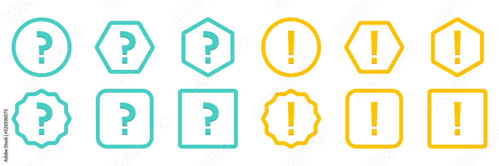 Question mark Icon Set, FAQ sign, Help symbol. Exclamation mark Icon Set, Attention sign, Caution icon, Hazard warning symbol. Light blue and Yellow style. Question mark Icon Set, FAQ sign, Help symbol. Exclamation mark Icon Set, Attention sign, Caution icon, Hazard warning symbol. Light blue and Yellow style.
