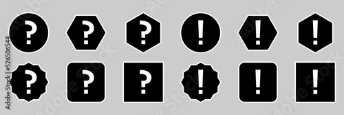 Question mark Icon Set, FAQ sign, Help symbol. Exclamation mark Icon Set, Attention sign, Caution icon, Hazard warning symbol. White outline design.