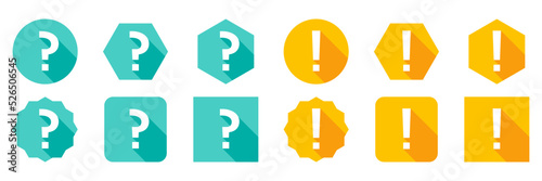 Question mark Icon Set, FAQ sign, Help symbol. Exclamation mark Icon Set, Attention sign, Caution icon, Hazard warning symbol. Light blue and Yellow style.