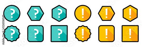 Question mark Icon Set, FAQ sign, Help symbol. Exclamation mark Icon Set, Attention sign, Caution icon, Hazard warning symbol. Light blue and Yellow style. Black stroke design.