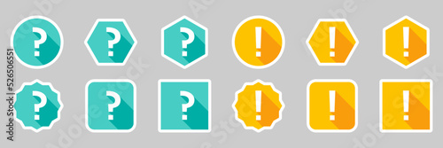 Question mark Icon Set, FAQ sign, Help symbol. Exclamation mark Icon Set, Attention sign, Caution icon, Hazard warning symbol. Light blue and Yellow style. White stroke design.