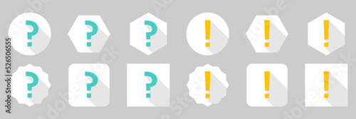Question mark Icon Set, FAQ sign, Help symbol. Exclamation mark Icon Set, Attention sign, Caution icon, Hazard warning symbol. Light blue and Yellow style.