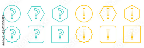 Question mark Icon Set, FAQ sign, Help symbol. Exclamation mark Icon Set, Attention sign, Caution icon, Hazard warning symbol. Light blue and Yellow style.