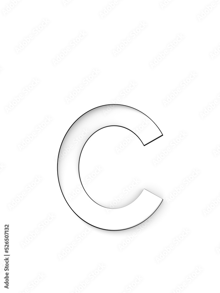 Small letter c cut from white background and rotated diagonally, 3d rendering Small letter c cut from white background and rotated diagonally, 3d rendering