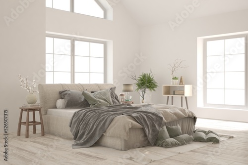 White bedroom interior. Scandinavian design. 3D illustration