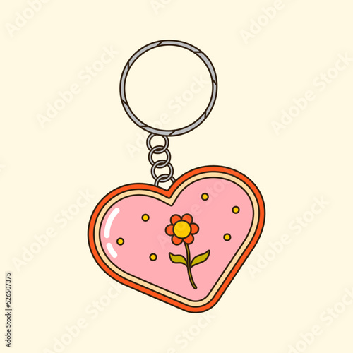 Colorful vector y2k heart key pendant. 90s 00s cute keyholder accessory for girls. Vintage groovy trinket with flower. Funky bijouterie illustration