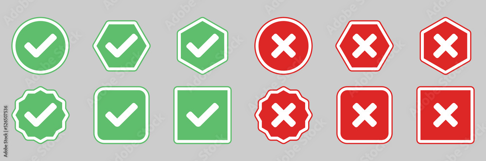 Check and wrong marks Icon Set, Tick and cross marks, Accepted,Rejected, Approved,Disapproved, Yes,No, Right,Wrong, Green,Red, Correct,False, Ok,Not Ok - vector mark symbols in green and red. Check and wrong marks Icon Set, Tick and cross marks, Accepted,Rejected, Approved,Disapproved, Yes,No, Right,Wrong, Green,Red, Correct,False, Ok,Not Ok - vector mark symbols in green and red.