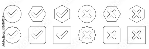 Check and wrong marks Icon Set, Tick and cross marks, Accepted,Rejected, Approved,Disapproved, Yes,No, Right,Wrong, Correct,False, Ok,Not Ok - vector mark symbols. Black outline design.