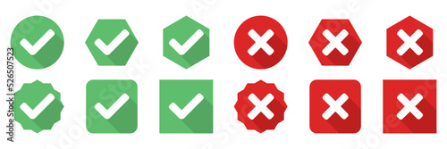 Check and wrong marks Icon Set, Tick and cross marks, Accepted,Rejected, Approved,Disapproved, Yes,No, Right,Wrong, Green,Red, Correct,False, Ok,Not Ok - vector mark symbols in green and red.