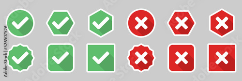 Check and wrong marks Icon Set, Tick and cross marks, Accepted,Rejected, Approved,Disapproved, Yes,No, Right,Wrong, Green,Red, Correct,False, Ok,Not Ok - vector mark symbols. White stroke design.