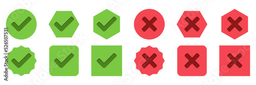 Check and wrong marks Icon Set, Tick and cross marks, Accepted,Rejected, Approved,Disapproved, Yes,No, Right,Wrong, Green,Red, Correct,False, Ok,Not Ok - vector mark symbols in green and red.