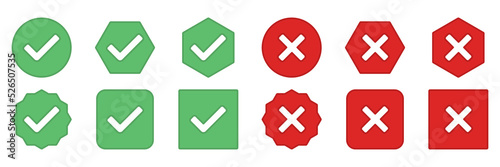 Check and wrong marks Icon Set, Tick and cross marks, Accepted,Rejected, Approved,Disapproved, Yes,No, Right,Wrong, Green,Red, Correct,False, Ok,Not Ok - vector mark symbols in green and red.