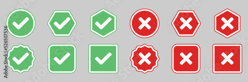 Check and wrong marks Icon Set, Tick and cross marks, Accepted,Rejected, Approved,Disapproved, Yes,No, Right,Wrong, Green,Red, Correct,False, Ok,Not Ok - vector mark symbols in green and red.