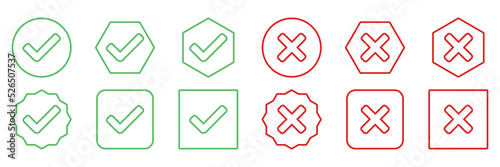 Check and wrong marks Icon Set, Tick and cross marks, Accepted,Rejected, Approved,Disapproved, Yes,No, Right,Wrong, Green,Red, Correct,False, Ok,Not Ok - vector mark symbols in green and red.