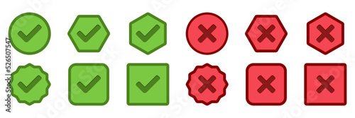 Check and wrong marks Icon Set, Tick and cross marks, Accepted,Rejected, Approved,Disapproved, Yes,No, Right,Wrong, Green,Red, Correct,False, Ok,Not Ok - vector mark symbols in green and red.