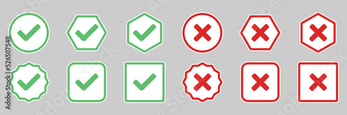 Check and wrong marks Icon Set, Tick and cross marks, Accepted,Rejected, Approved,Disapproved, Yes,No, Right,Wrong, Green,Red, Correct,False, Ok,Not Ok - vector mark symbols in green and red.
