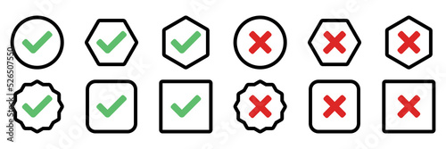 Check and wrong marks Icon Set, Tick and cross marks, Accepted,Rejected, Approved,Disapproved, Yes,No, Right,Wrong, Green,Red, Correct,False, Ok,Not Ok - vector mark symbols in green and red.