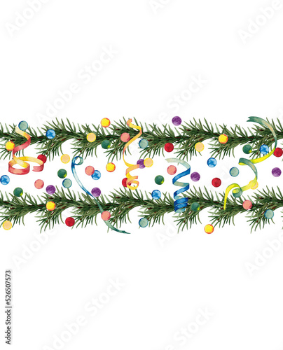 Winter festive horizontal seamless border of Christmas tree garland with confetti and serpentine streamers. Watercolor hand painted isolated illustration on white background. © Na.Ko.
