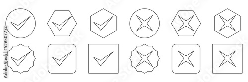 Check and wrong marks Icon Set, Tick and cross marks, Accepted,Rejected, Approved,Disapproved, Yes,No, Right,Wrong, Correct,False, Ok,Not Ok - vector mark symbols. Black outline design.