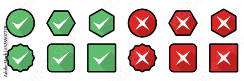 Check and wrong marks Icon Set, Tick and cross marks, Accepted,Rejected, Approved,Disapproved, Yes,No, Right,Wrong, Green,Red, Correct,False, Ok,Not Ok - vector mark symbols. Black stroke design.