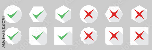 Check and wrong marks Icon Set, Tick and cross marks, Accepted,Rejected, Approved,Disapproved, Yes,No, Right,Wrong, Green,Red, Correct,False, Ok,Not Ok - vector mark symbols in green and red.