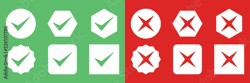 Check and wrong marks Icon Set, Tick and cross marks, Accepted,Rejected, Approved,Disapproved, Yes,No, Right,Wrong, Green,Red, Correct,False, Ok,Not Ok - vector mark symbols in green and red.