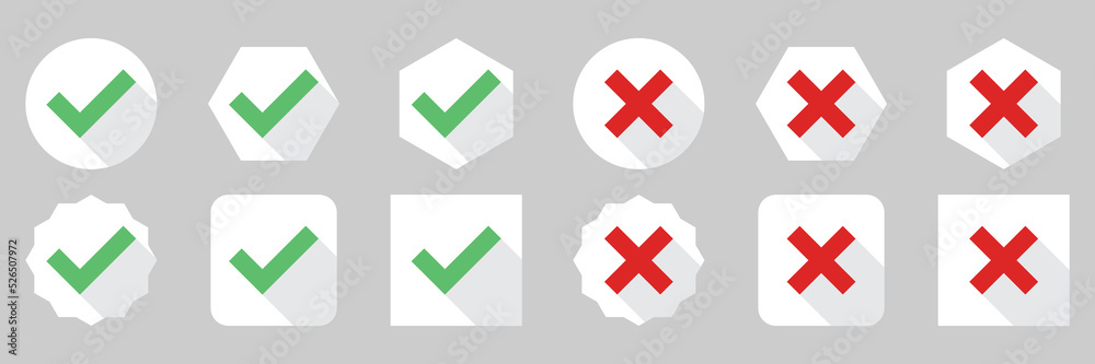Check and wrong marks Icon Set, Tick and cross marks, Accepted,Rejected, Approved,Disapproved, Yes,No, Right,Wrong, Green,Red, Correct,False, Ok,Not Ok - vector mark symbols in green and red. Check and wrong marks Icon Set, Tick and cross marks, Accepted,Rejected, Approved,Disapproved, Yes,No, Right,Wrong, Green,Red, Correct,False, Ok,Not Ok - vector mark symbols in green and red.