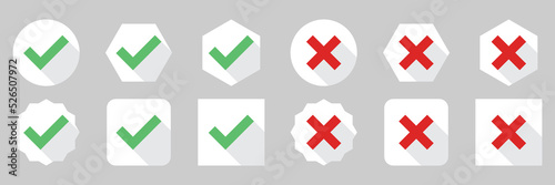 Check and wrong marks Icon Set, Tick and cross marks, Accepted,Rejected, Approved,Disapproved, Yes,No, Right,Wrong, Green,Red, Correct,False, Ok,Not Ok - vector mark symbols in green and red.