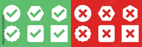 Check and wrong marks Icon Set, Tick and cross marks, Accepted,Rejected, Approved,Disapproved, Yes,No, Right,Wrong, Green,Red, Correct,False, Ok,Not Ok - vector mark symbols in green and red.