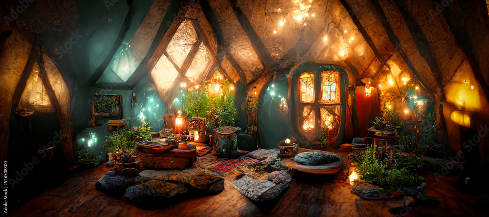 Spectacular picture of interior of a fantasy medieval cottage, full with plants furniture and enchanted light. Digital art 3D illustration. - obrazy, fototapety, plakaty 