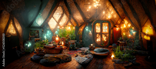 Fotografia Spectacular picture of interior of a fantasy medieval cottage, full with plants furniture and enchanted light