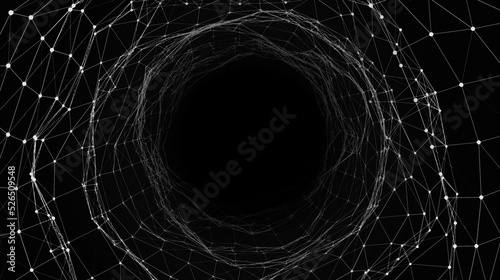 Technology wireframe circle tunnel on dark background. Futuristic 3D wormhole grid. Digital dynamic wave. Vector illustration.