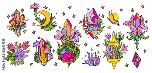 Set of magic crystals and flowers. Hand drawn vector illustration for tshirt, print, decor and design. Fantasy quartz qrystals gems with amazing flowers design elements collection.