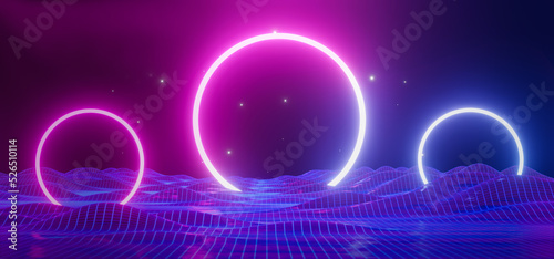 futuristic blue purple neon circle frame,wireframe wave landscape mountain,valley structure Sci-Fi Neon light glow network grid connection, portal lights glowing ring,dark space,3d render illustration photo