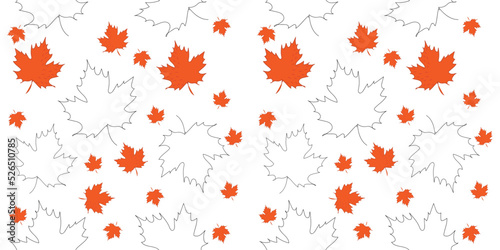  Spotted leaves and black line, One line pattern, autumn seamless template with autumn leaves, berries and in a fashionable style. Background of leaves, and rowanberries for fabric, wallpaper or gift 