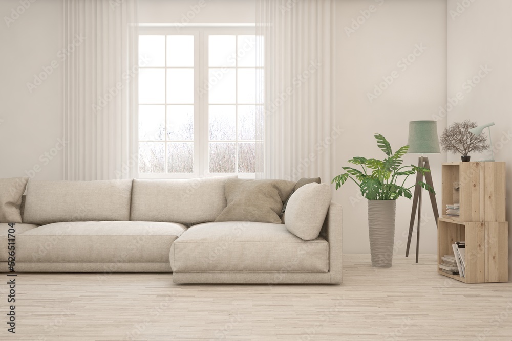 White living room with sofa. Scandinavian interior design. 3D illustration White living room with sofa. Scandinavian interior design. 3D illustration