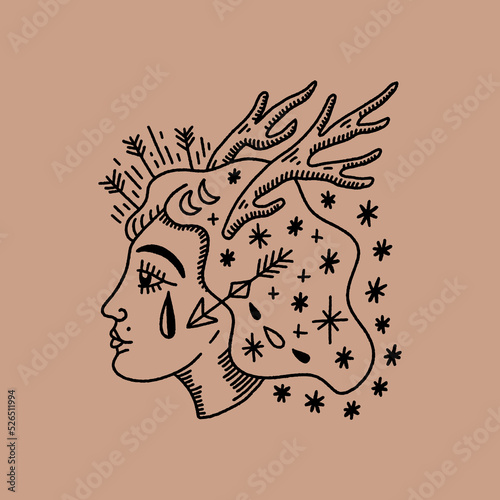 Celestial unique sacred deer girl with horns hand drawn portrait. Artemis goddess fantasy concept. Gothic dark boho tattoo tribal shamanic illustration, isolated face woman head drawing in vintage